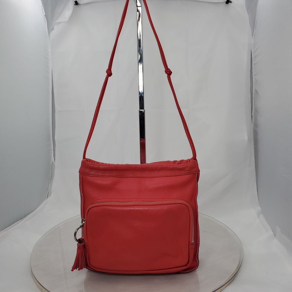 Spot Sanctuary Coral Red Leather Tassel Crossbody Bag Small Front Zip Pocket